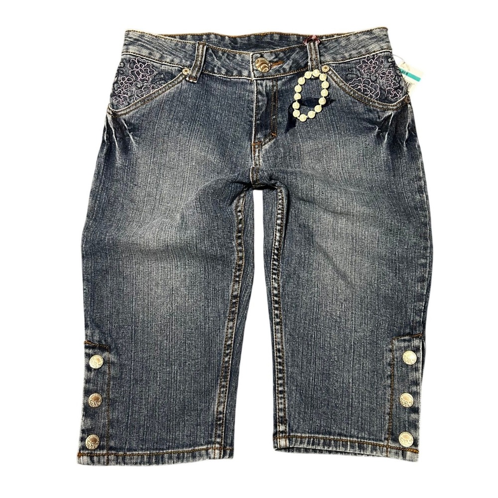 Deadstock Stevies Capri Jeans 16 Blue Floral Embroidery Button Cuffs Y2K 2000s